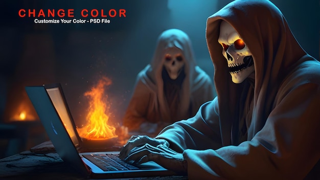 Two scary ghost working on laptop with fire fantasy halloween character cinematic look