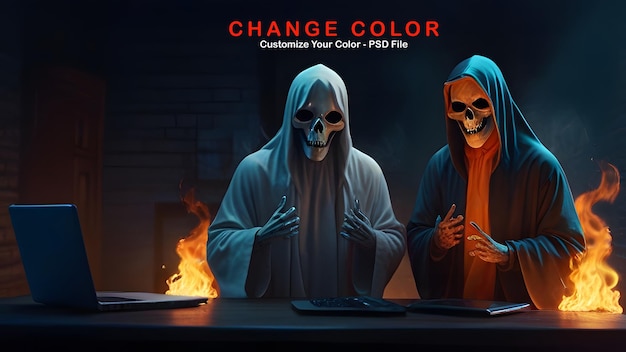 Two scary ghost working on laptop with fire fantasy halloween character cinematic look