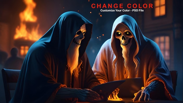 Two scary ghost working on laptop with fire fantasy halloween character cinematic look