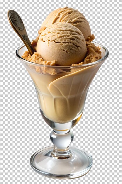 PSD two scoops of coffee ice cream in a tall glass sundae dish with spoon transparent png file