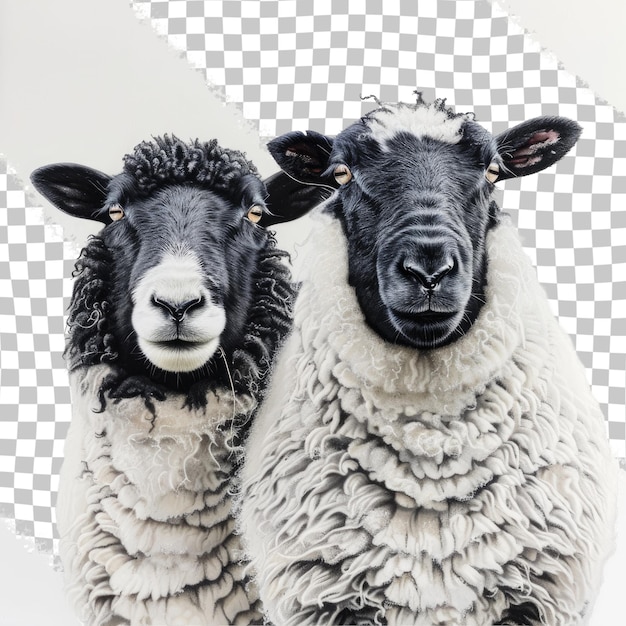 two sheep are standing next to each other one has a black face