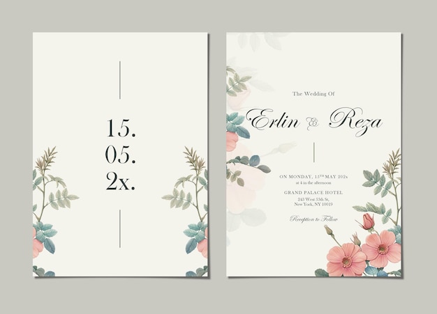 PSD two side wedding invitation template with flower background