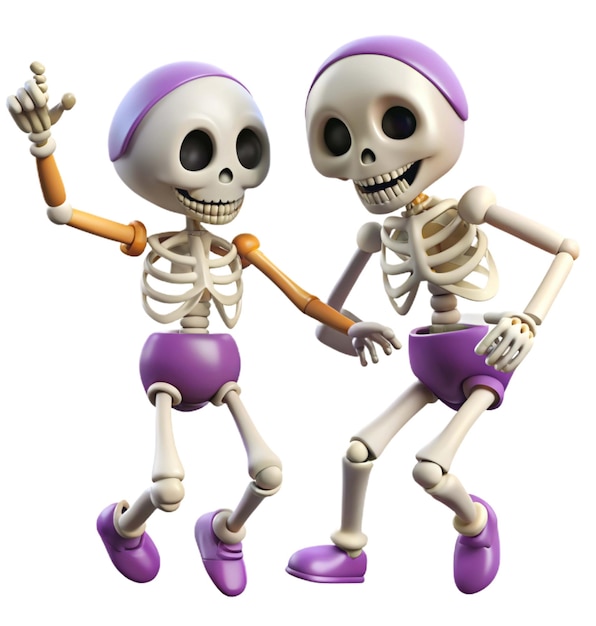 two skeletons with purple shorts and purple shorts one with a purple hat and the other has a purple hat on