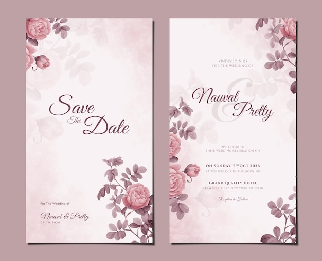 a two slide digital wedding invitation with pink roses and floral leaves