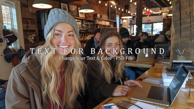 Two Smiling Women Working Together in a Cafe