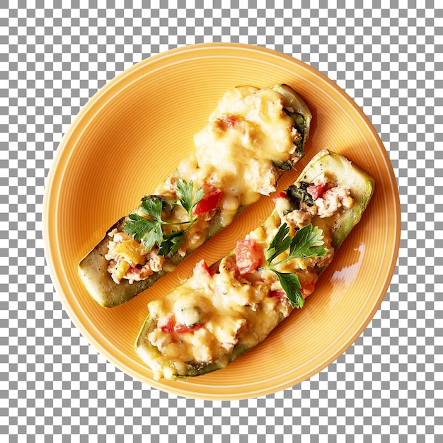 Two stuffed zucchini with mozzarella cheese isolated on transparent background