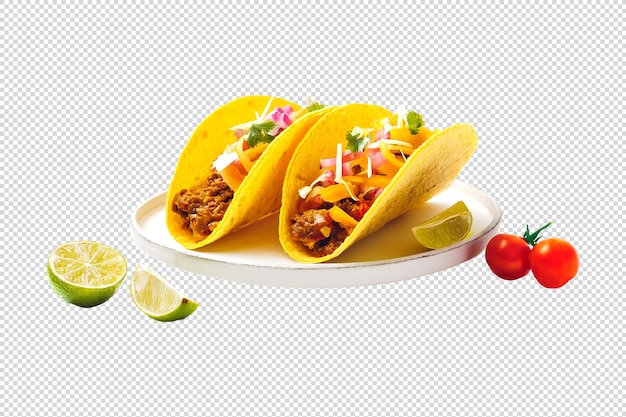 Two tacos on a plate with a lime on a transparent background