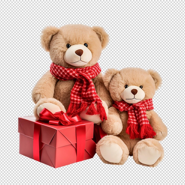 PSD two teddy bears with red ribbon and a red box with a bow