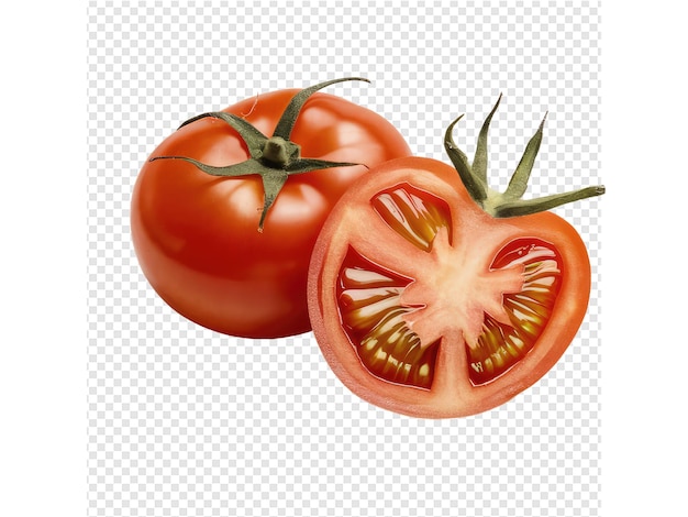 two tomatoes are cut in half and one has a green stem