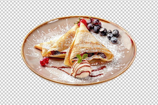 two trianglefolded pancakes with nutella and crumbs filling served with one scoop of vanilla