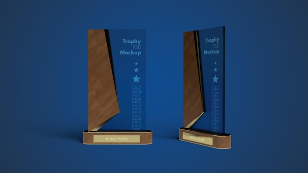 PSD two trophies with a blue background and a brown ribbon that says  training