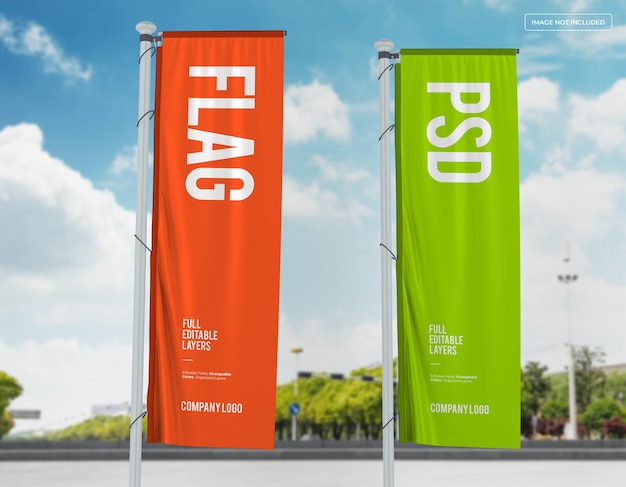 Two vertical flags mockup design on street