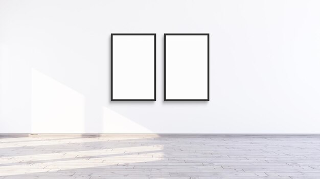 Two vertical frame mock up design in a white interior room with wooden oak floor