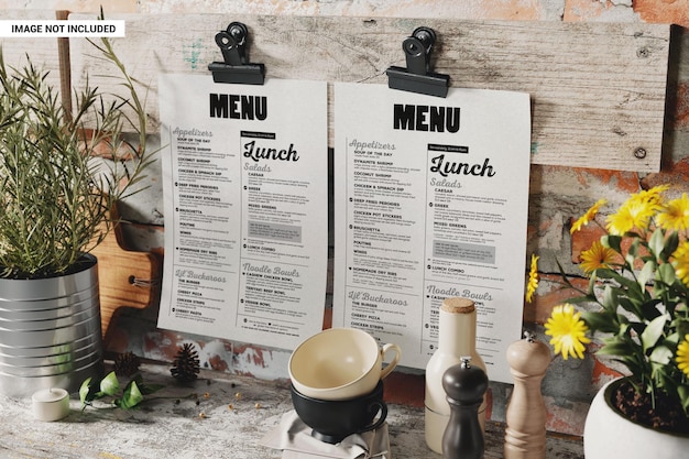 Two vintage menu sheets on clips mockup