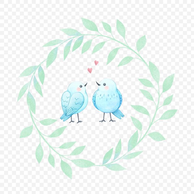 PSD two white birds in love round wreath of green branches animal stickers children character design