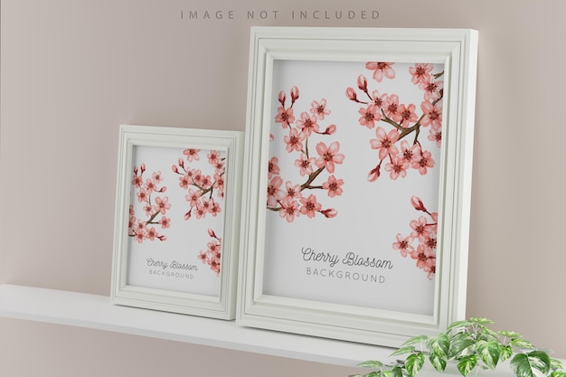 Two white portrait picture frame mockups on beige wall 3d render