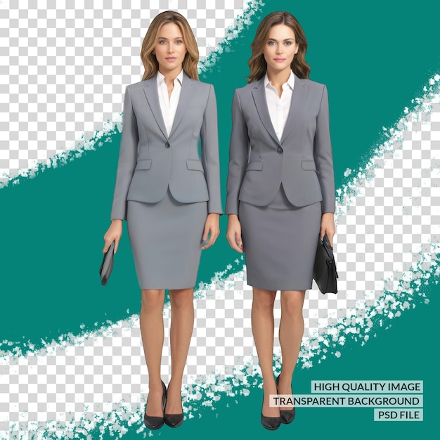 two women in grey suits are standing in front of a green and blue background