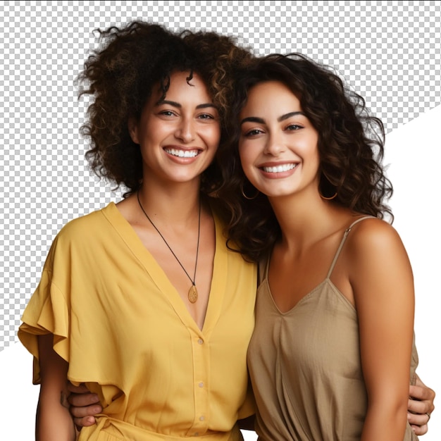 two women pose for a photo with one wearing a yellow dress