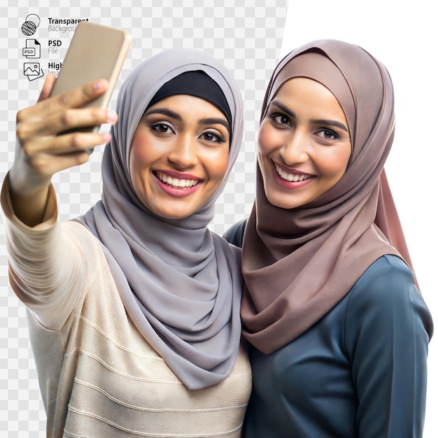 PSD two women wearing hijabs taking a selfie together on transparent background