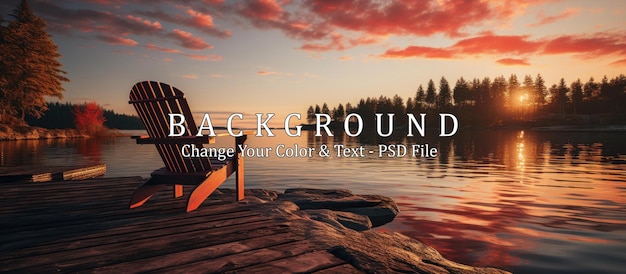 PSD two wooden chairs on a wooden pier overlooking a lake at sunset in finland