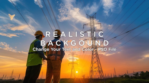 PSD two workers inspecting electrical towers at sunset