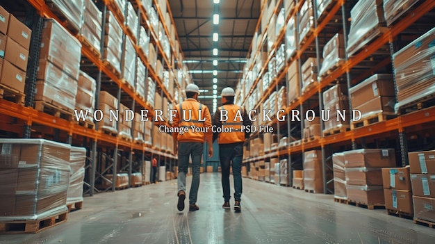 Two Workers Walking Through Warehouse Aisle