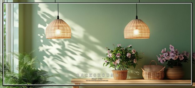 PSD two woven pendant lights hang over a wooden table with potted plants and a basket