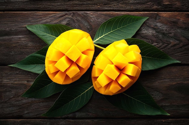 two yellow fruits on a wooden background with leaves that say melon