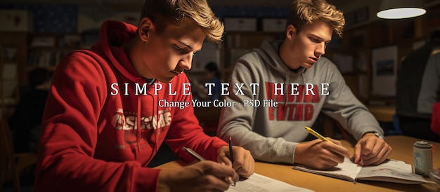 PSD two young men studying together in a room