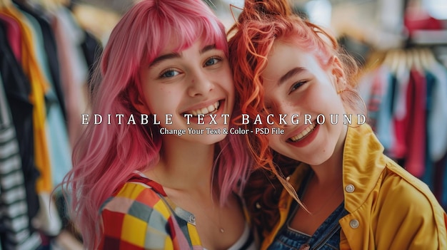 PSD two young women with pink and red hair smiling together