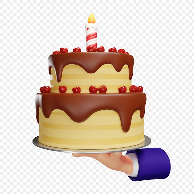 Twotier birthday cake in chocolate glaze in hand isolated 3d illustration