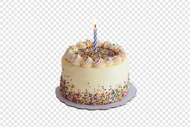 PSD twotier birthday cake with sprinkles and candle isolated on a transparent background