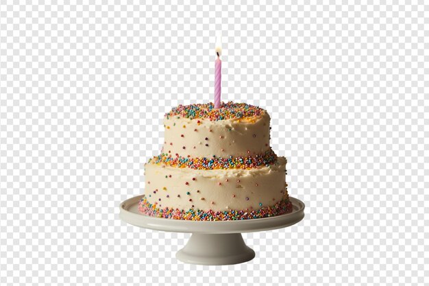 PSD twotier birthday cake with sprinkles and candle isolated on a transparent background