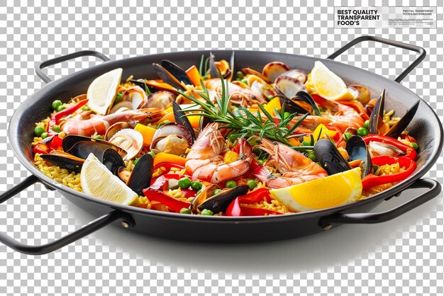 PSD typical spanish seafood paella in traditional pan isolated on transparent background