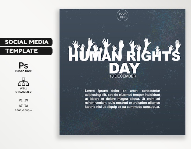 Typographic Human Rights Day social media post design, editable PSD template, protest hand