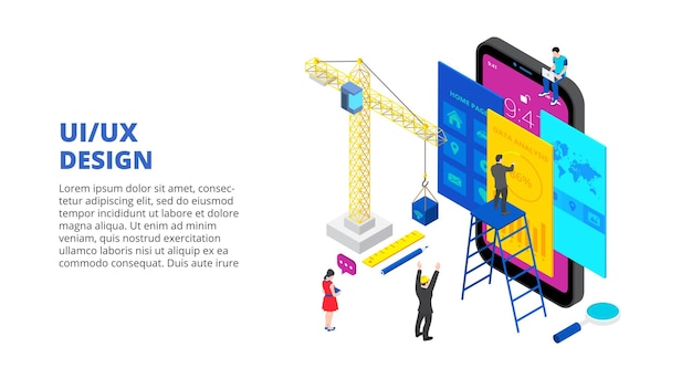 PSD ui design concept with smartphone crane and people isometric illustration