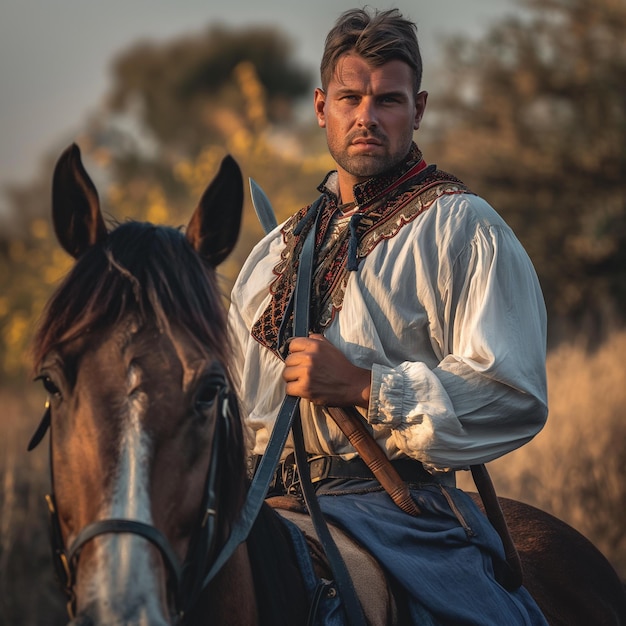 PSD an ukrainian cossack in traditional attire riding a horse in a field cossack wallpaper