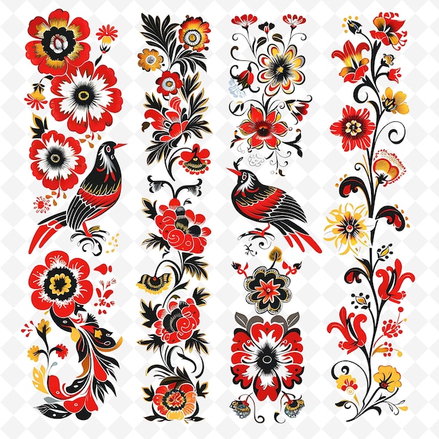 PSD ukrainian petrykivka painting with floral and animal motifs png unique stylized motifs designs