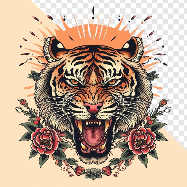 PSD ultra detailed vintage tiger head tattoo 2d vector