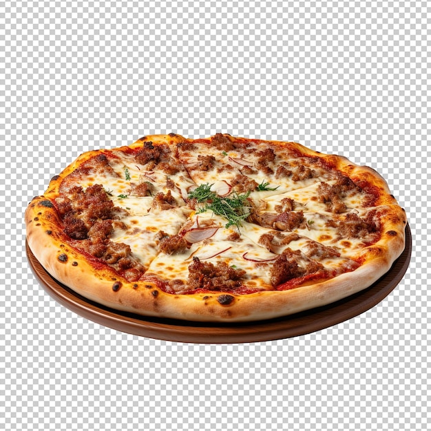 Ultra high resolution photo of whole thick meat lovers pizza white cheese on a plate side view