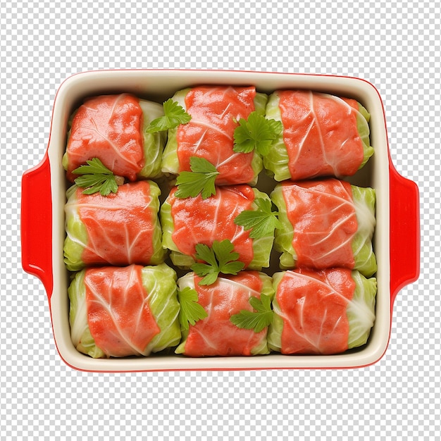 Uncooked stuffed cabbage rolls in baking dish on white isolated background