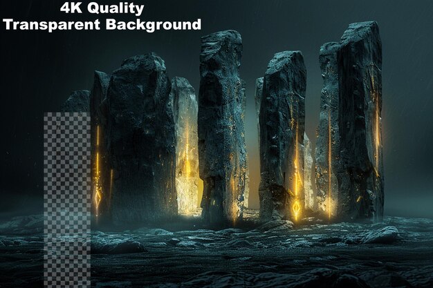 Uncover ancient mysteries with glowing ancient monoliths on transparent background