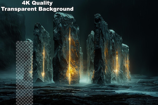 Uncover ancient mysteries with glowing ancient monoliths on transparent background