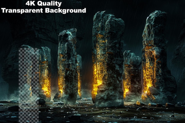 Uncover ancient mysteries with glowing ancient monoliths on transparent background