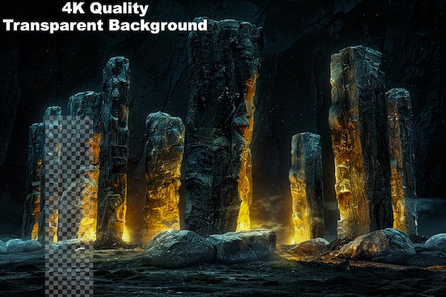 Uncover ancient mysteries with glowing ancient monoliths on transparent background