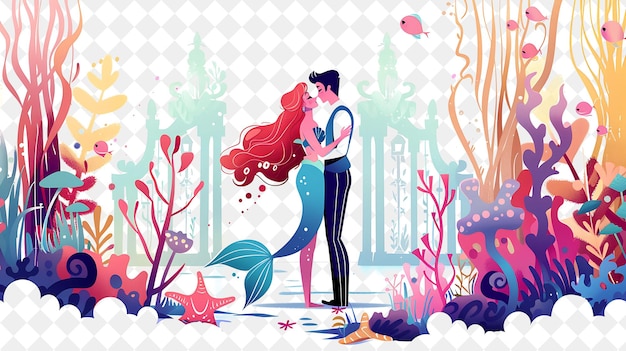 Underwater Palace With Ariel and Prince Eric Sharing a Kiss People Life Style Flat Illustration