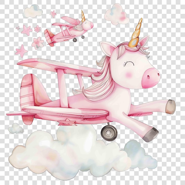 PSD unicorn flying pink airplane nuresery watercolor