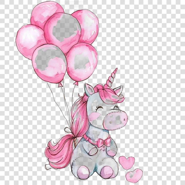 PSD unicorn wearing a pink outfit holding pink balloons nuresery watercolor