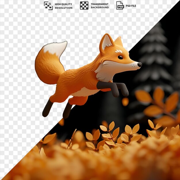 unique 3d fox cartoon leaping through a forest with a black nose and eye and an orange flower in the foreground