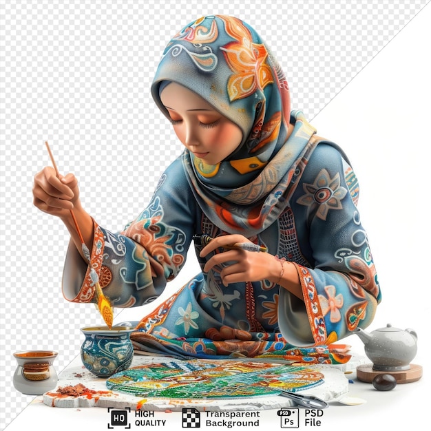 PSD unique 3d malaysian cartoon batik artist creating intricate designs on a transparent background with a blue vase while a hand and a face are visible in the background